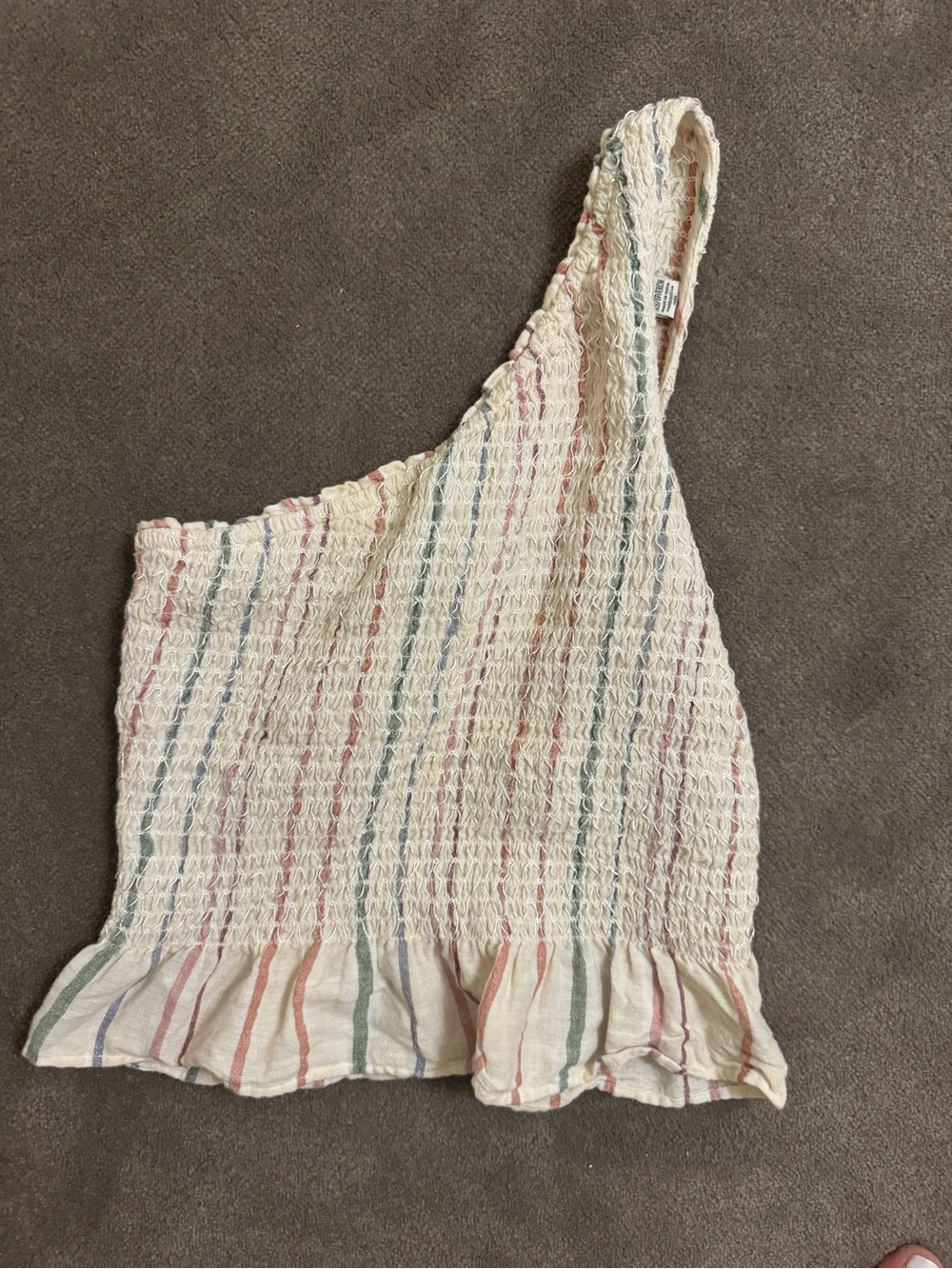 American Eagle Outfitters One-Shoulder Cream Top with Pastel Stripes